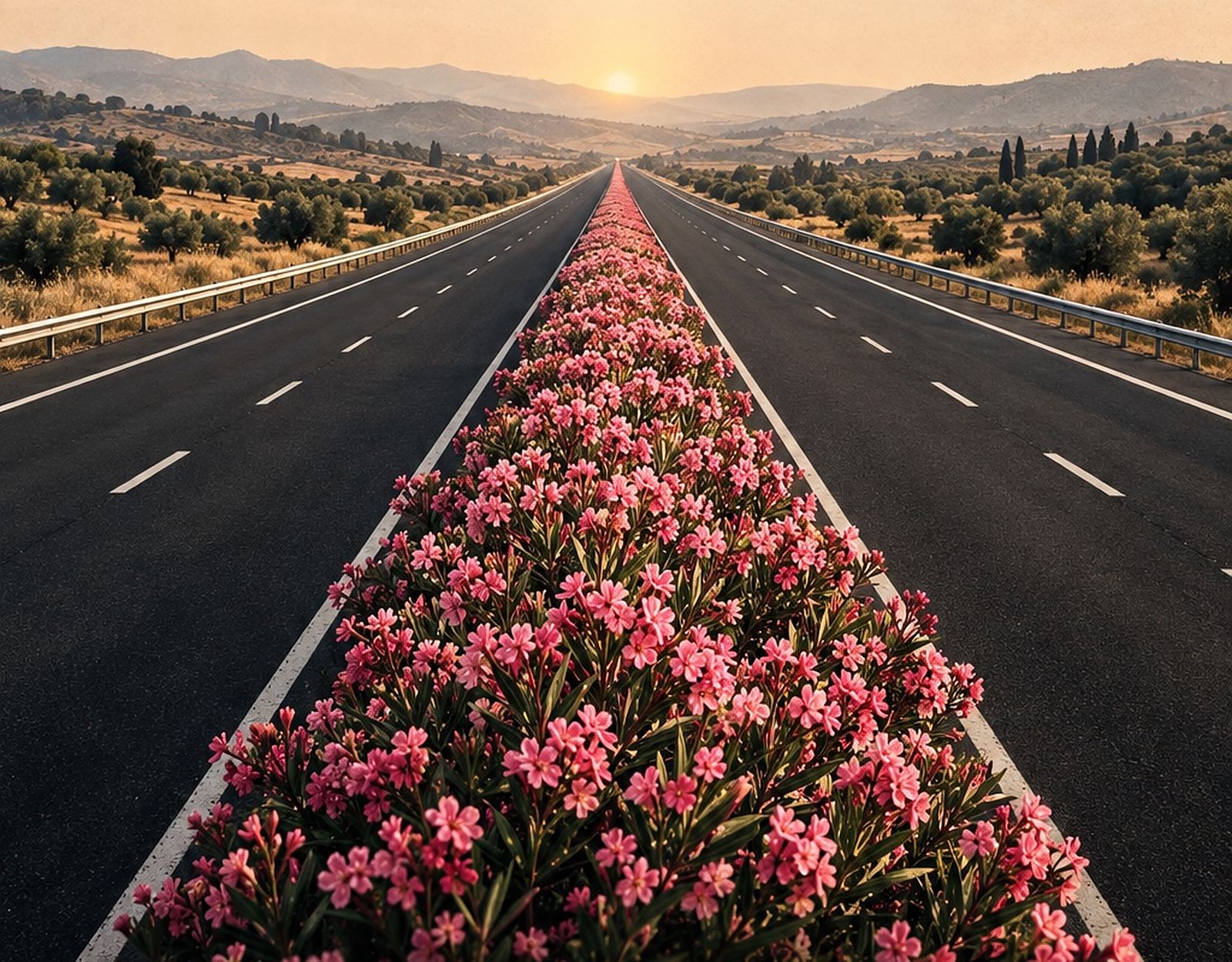 Une autoroute à deux voies au coucher du soleil, séparée par un terre-plein continu de lauriers-roses en fleur qui file jusqu'à l'horizon.